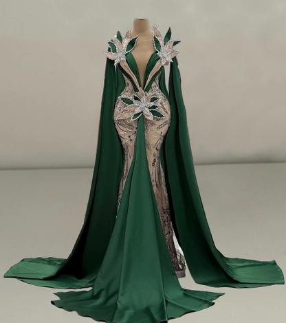 Fancy Illusion Neck Mermaid Evening Dresses Green Sash Rhinestone Sequins Appliques Prom Dress AP6211