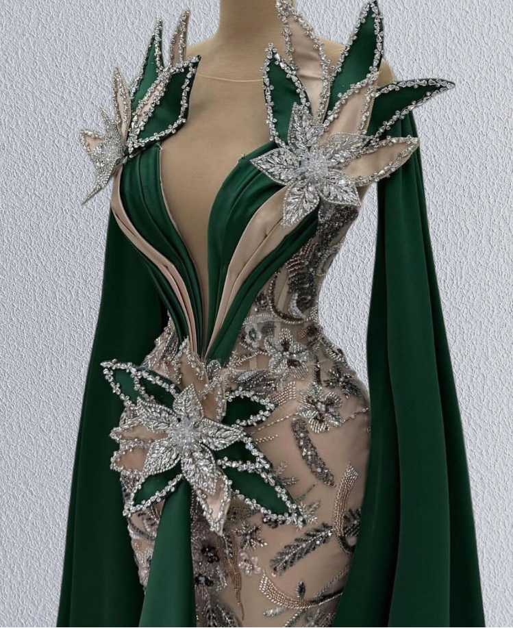 Fancy Illusion Neck Mermaid Evening Dresses Green Sash Rhinestone Sequins Appliques Prom Dress AP6211