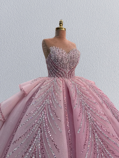 Y2K Style A-Line Strapless Pink Sweet 16th Gowns Beading Sequins Prom Dress AP6215