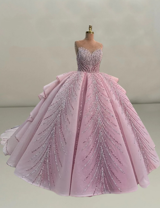 Y2K Style A-Line Strapless Pink Sweet 16th Gowns Beading Sequins Prom Dress AP6215