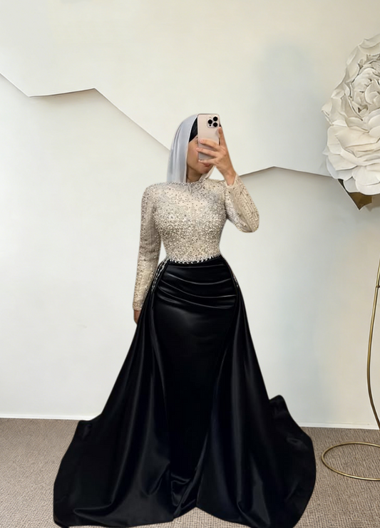 Hot Girls Jewel Neck Sheath Black Satin Evening Dress Beading Long Sleeve Prom Dress AP6216