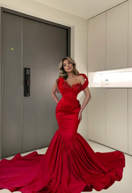 Y2K Style Off-Shoulder Red Mermaid Evening Dresses Appliques Sequins Prom Dress AP6219