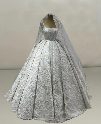 Fairy A-Line Square Neck Bridal Gowns Long Sleeve Sequins Beading Wedding Dress AP6222