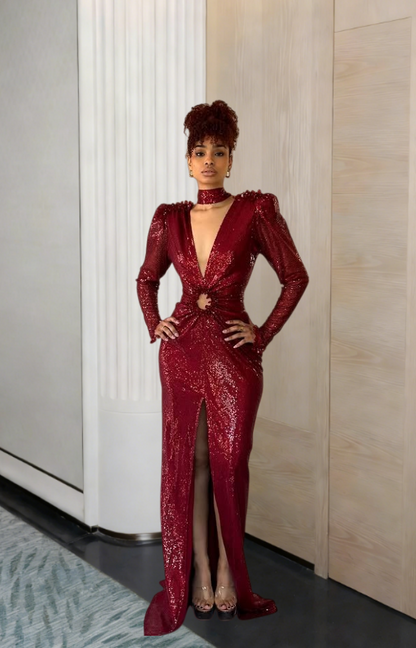 Boho-Inspired Sheath V Neck Red Evening Dress Long Sleeve Sequins High Slit Prom Dress AP6224