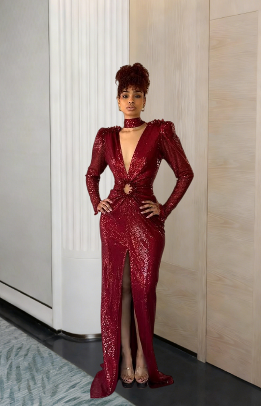Boho-Inspired Sheath V Neck Red Evening Dress Long Sleeve Sequins High Slit Prom Dress AP6224