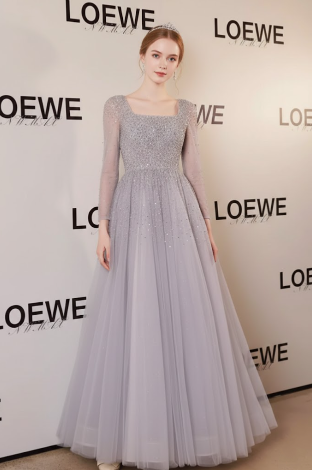 Exquisite A-Line Square Neck Layered Tulle Sweet 16th Dresses Long Sleeve Sequins Prom Dress AP6225