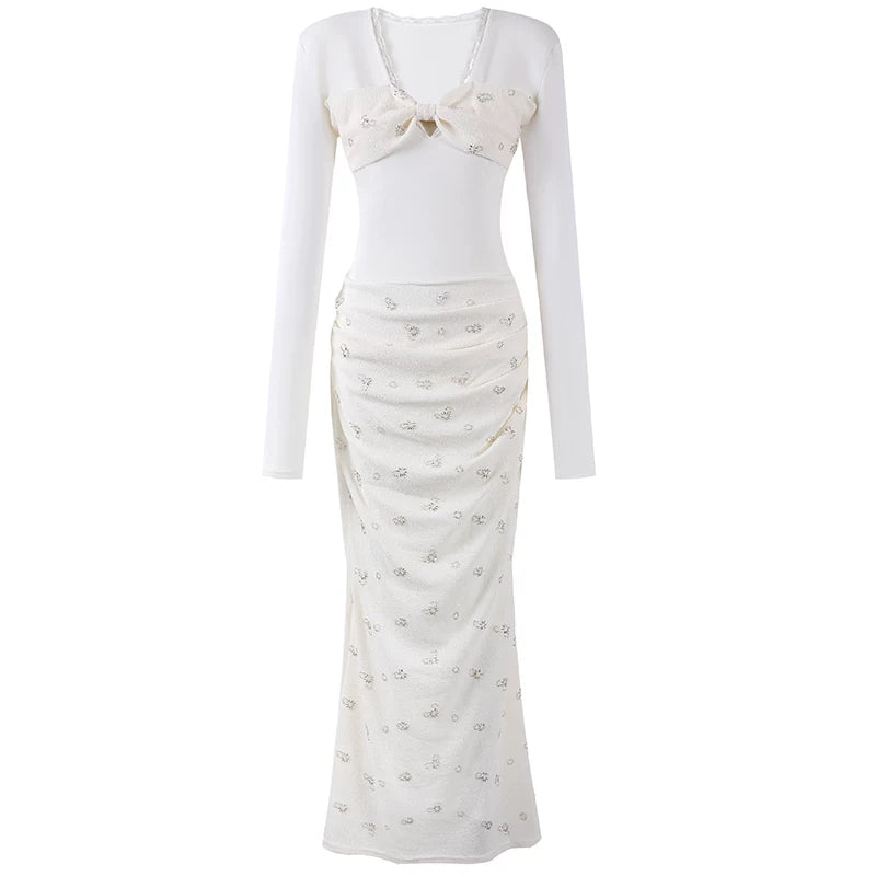 Lovely Sheer Top Crystal Embellished Long Sleeves Maxi Dress Elegant White Bow Detail Ruched Draped Mermaid Long Dress AP6226