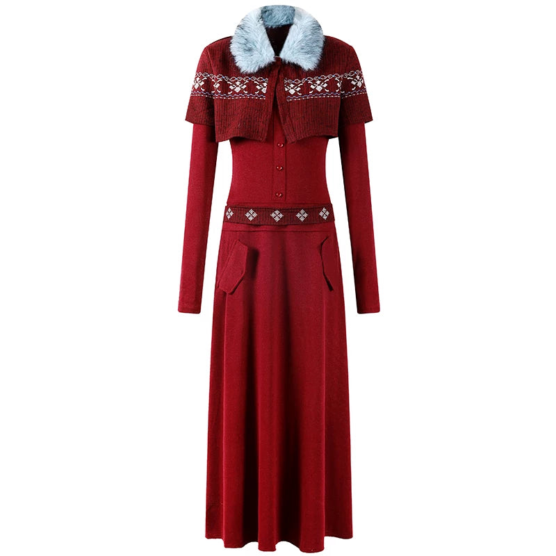 Refined Faux Fur Collar Long Sleeves Maxi Dress Cozy Red Knit Shrug & Nordic Accents A-Line Long Dress AP6227