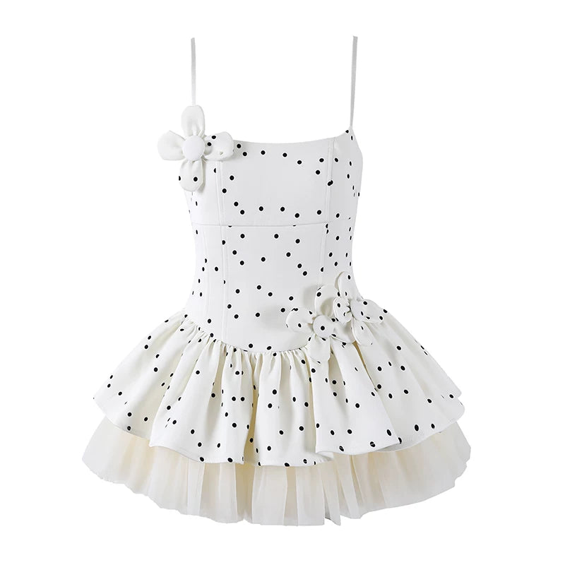 Beautiful 3D Bows Spaghetti Strap A-Line Mini Dress Playful Cream Polka Dot Tulle Ruffle Short Dress AP6228