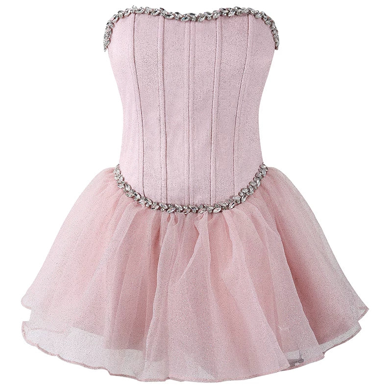 Enchanting Strapless Corset Crystal Neckline A-Line Mini Skirt Romantic Blush Pink Waist Fluffy Tulle Short Dress AP6229