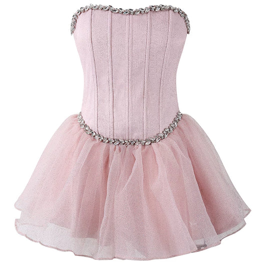 Enchanting Strapless Corset Crystal Neckline A-Line Mini Skirt Romantic Blush Pink Waist Fluffy Tulle Short Dress AP6229