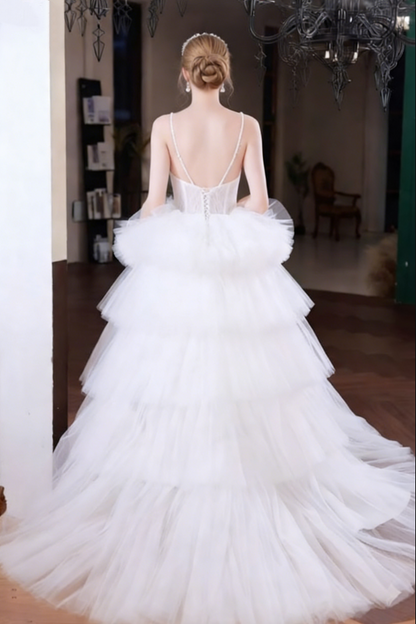 Wonderful A-Line Beaded Spaghetti Strap Bridal Gowns Tiered Tulle Wedding Dress AP6231