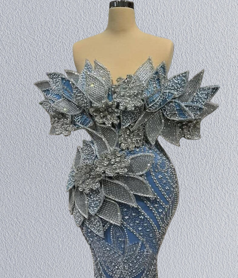 Avant-Garde Off-Shoulder Blue Mermaid Evening Dresses Beading Rhinestones Prom Dress AP6238