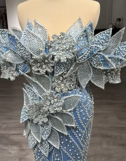 Avant-Garde Off-Shoulder Blue Mermaid Evening Dresses Beading Rhinestones Prom Dress AP6238