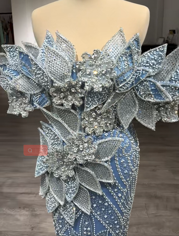 Avant-Garde Off-Shoulder Blue Mermaid Evening Dresses Beading Rhinestones Prom Dress AP6238