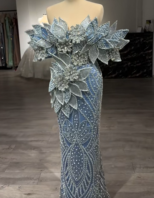 Avant-Garde Off-Shoulder Blue Mermaid Evening Dresses Beading Rhinestones Prom Dress AP6238