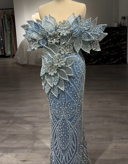 Avant-Garde Off-Shoulder Blue Mermaid Evening Dresses Beading Rhinestones Prom Dress AP6238