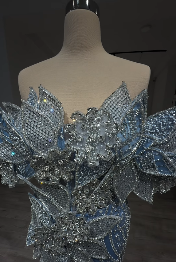 Avant-Garde Off-Shoulder Blue Mermaid Evening Dresses Beading Rhinestones Prom Dress AP6238