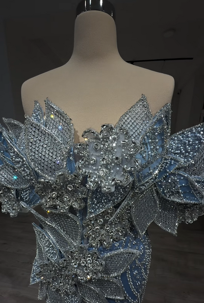Avant-Garde Off-Shoulder Blue Mermaid Evening Dresses Beading Rhinestones Prom Dress AP6238