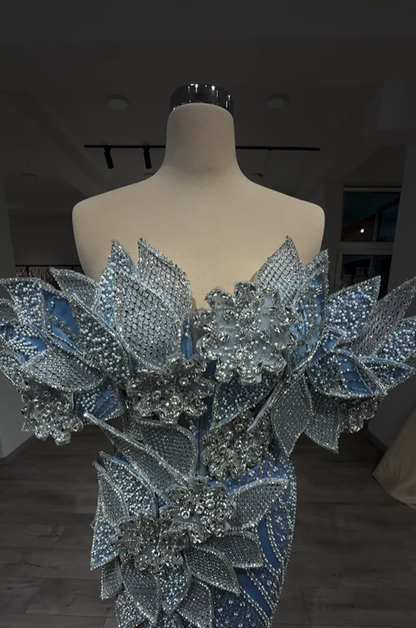 Avant-Garde Off-Shoulder Blue Mermaid Evening Dresses Beading Rhinestones Prom Dress AP6238