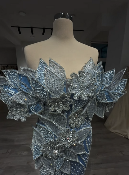 Avant-Garde Off-Shoulder Blue Mermaid Evening Dresses Beading Rhinestones Prom Dress AP6238