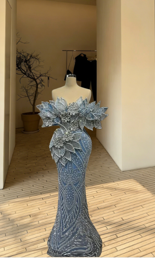 Avant-Garde Off-Shoulder Blue Mermaid Evening Dresses Beading Rhinestones Prom Dress AP6238