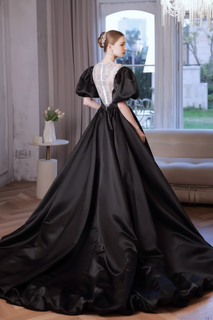 Voluminous Jewel Neck A-Line Black Sweet 16th Gowns Puffy Short Sleeve Beading Prom Dress AP6242