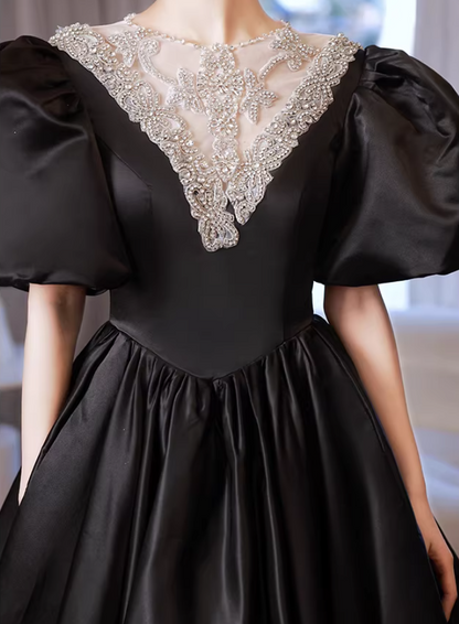 Voluminous Jewel Neck A-Line Black Sweet 16th Gowns Puffy Short Sleeve Beading Prom Dress AP6242
