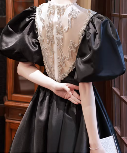 Voluminous Jewel Neck A-Line Black Sweet 16th Gowns Puffy Short Sleeve Beading Prom Dress AP6242
