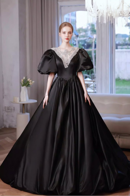 Voluminous Jewel Neck A-Line Black Sweet 16th Gowns Puffy Short Sleeve Beading Prom Dress AP6242