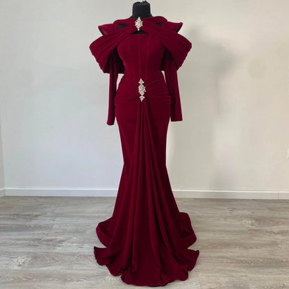 Sleek Jewel Neck Red Mermaid Evening Dress Beading Long Sleeve Prom Dress AP6243