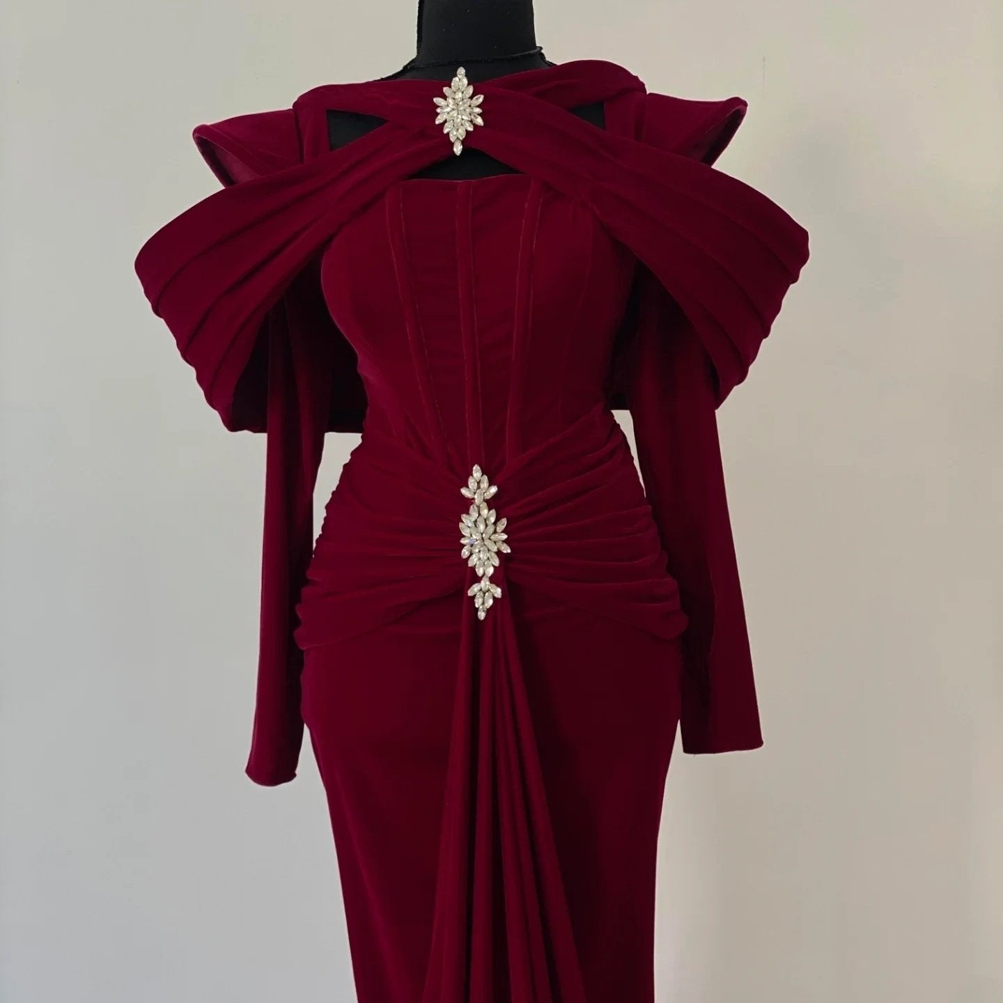 Sleek Jewel Neck Red Mermaid Evening Dress Beading Long Sleeve Prom Dress AP6243