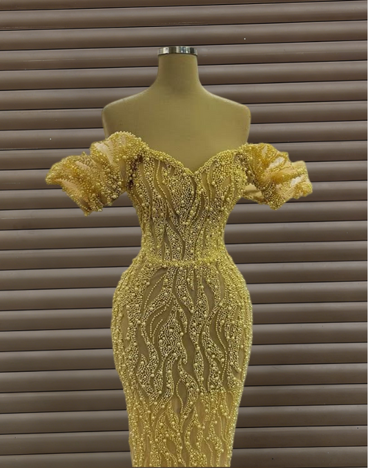 Ornate Ruffles Off-Shoulder Sheath Sweet 16th Dresses Beading Yellow Prom Dress AP6248