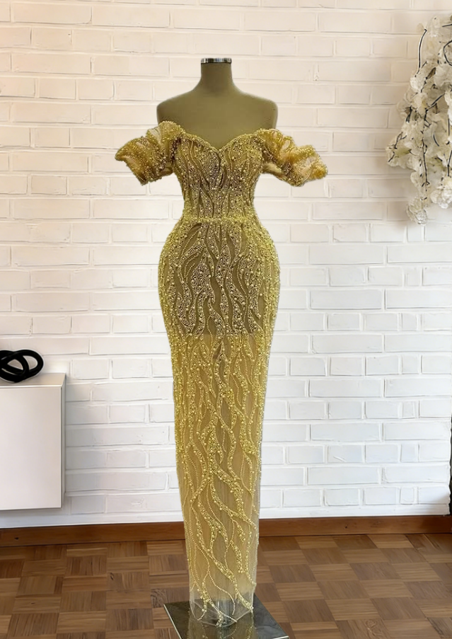 Ornate Ruffles Off-Shoulder Sheath Sweet 16th Dresses Beading Yellow Prom Dress AP6248