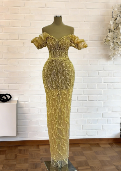 Ornate Ruffles Off-Shoulder Sheath Sweet 16th Dresses Beading Yellow Prom Dress AP6248