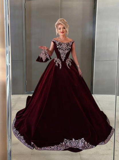 Fabulous A-Line Off-Shoulder Evening Dress Appliques Sequins Red Prom Dress AP6249