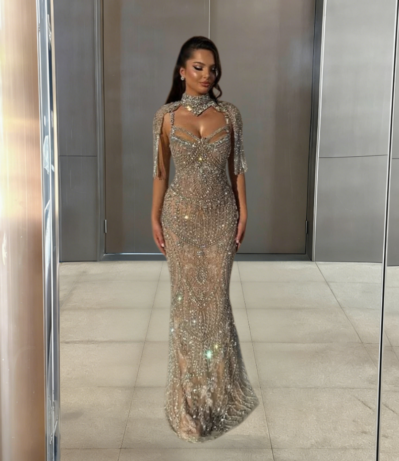 Chic High Collar Sheath Sweet 16th Dresses Tassel Beading Crystals Prom Dress AP6250