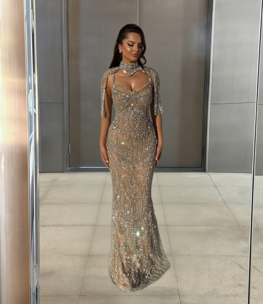Chic High Collar Sheath Sweet 16th Dresses Tassel Beading Crystals Prom Dress AP6250