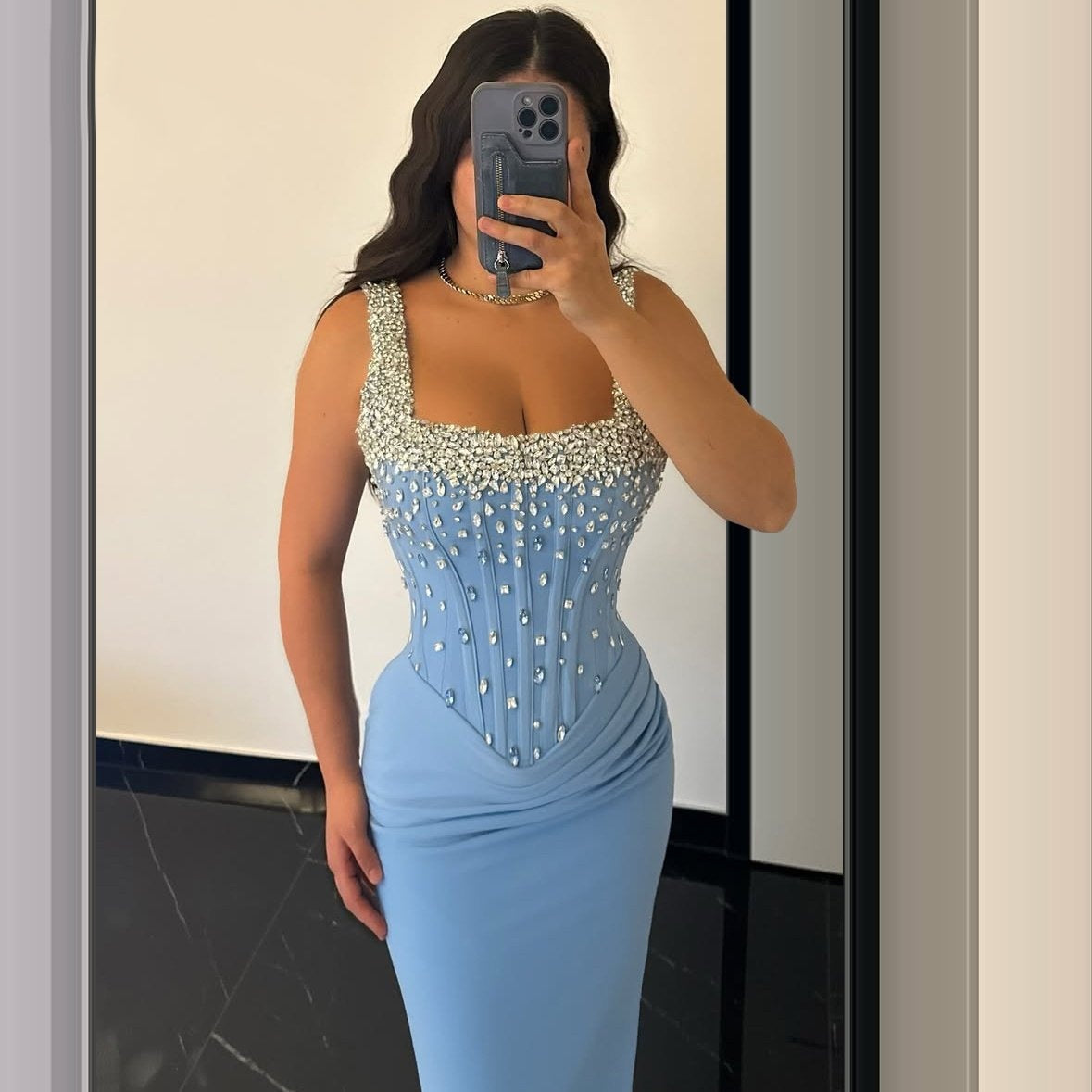 Graceful Sheath Spaghetti Strap Evening Dress Blue Crystals Prom Dress AP6253