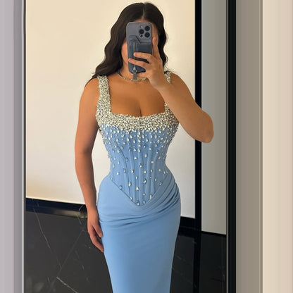 Graceful Sheath Spaghetti Strap Evening Dress Blue Crystals Prom Dress AP6253