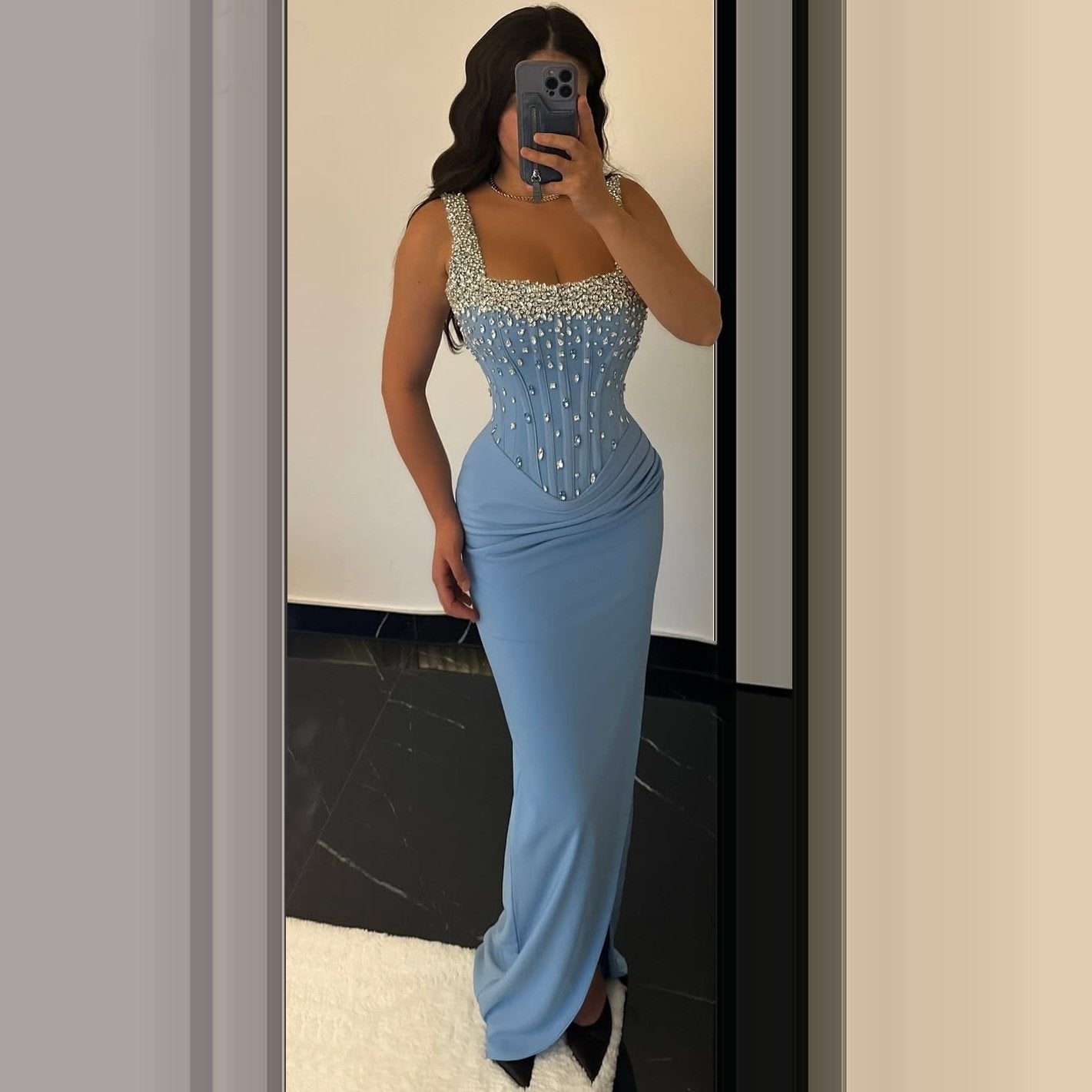 Graceful Sheath Spaghetti Strap Evening Dress Blue Crystals Prom Dress AP6253