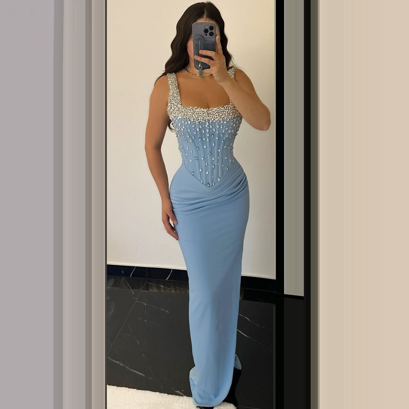 Graceful Sheath Spaghetti Strap Evening Dress Blue Crystals Prom Dress AP6253