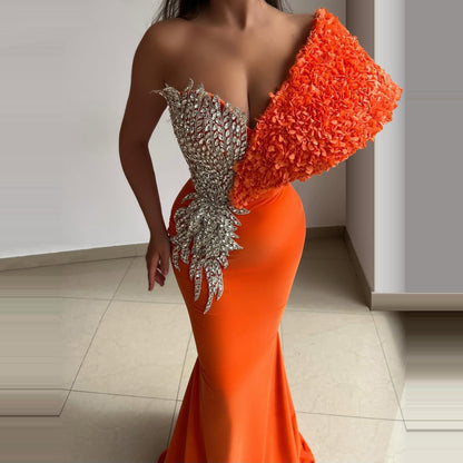 Elegant One Shoulder Mermaid Evening Dresses Crystals Orange Prom Dress AP6254