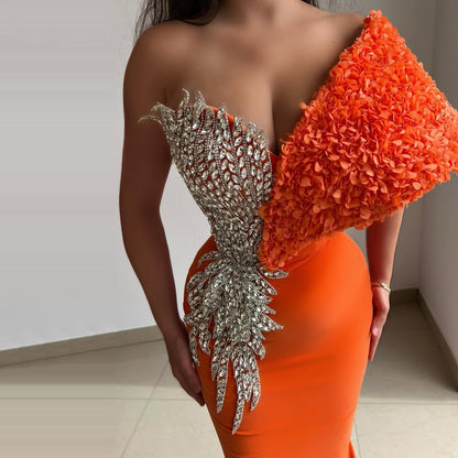 Elegant One Shoulder Mermaid Evening Dresses Crystals Orange Prom Dress AP6254