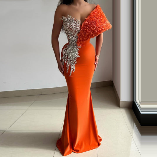 Elegant One Shoulder Mermaid Evening Dresses Crystals Orange Prom Dress AP6254