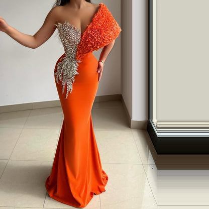Elegant One Shoulder Mermaid Evening Dresses Crystals Orange Prom Dress AP6254