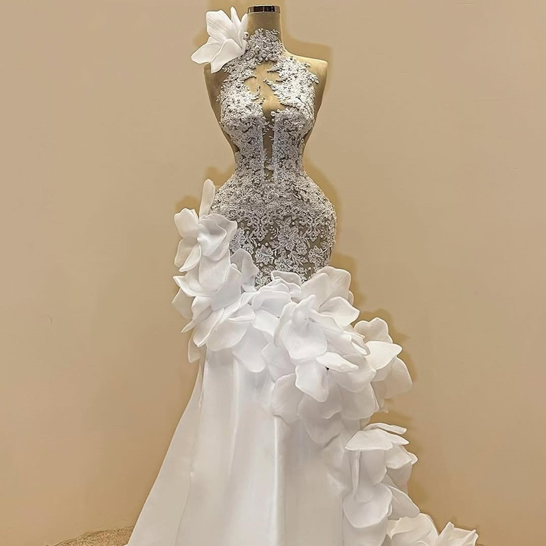 Fantastic High Collar Handmade Flowers Bridal Mermaid Dress Appliques Pearls Wedding Dress AP6255
