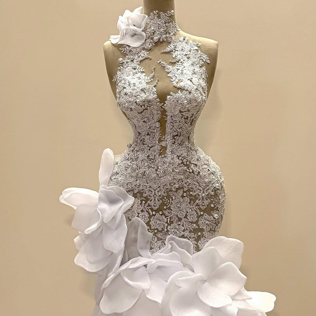 Fantastic High Collar Handmade Flowers Bridal Mermaid Dress Appliques Pearls Wedding Dress AP6255