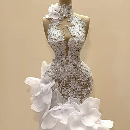 Fantastic High Collar Handmade Flowers Bridal Mermaid Dress Appliques Pearls Wedding Dress AP6255