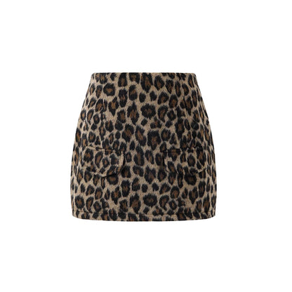 Classical Faux Fur Collar Two-Piece Set Leopard Print Mini Skirt  Cozy Black Double-Breasted Peacoat Long Sleeve Sheath Short Dress AP6256